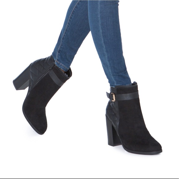 Black Faux Suede & Leather Quilted Heel Booties - Picture 2 of 6